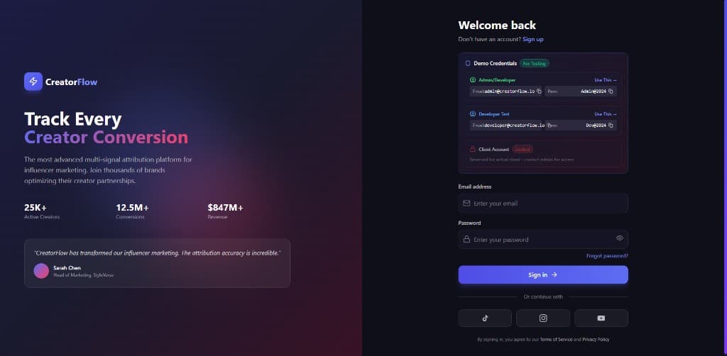 Creator Flow application, login experience preview